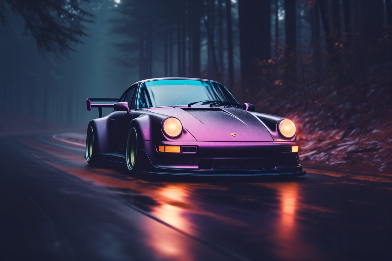 Sportwagen in lila und violett, beleuchtet auf einer nassen Waldstraße bei Dämmerung.