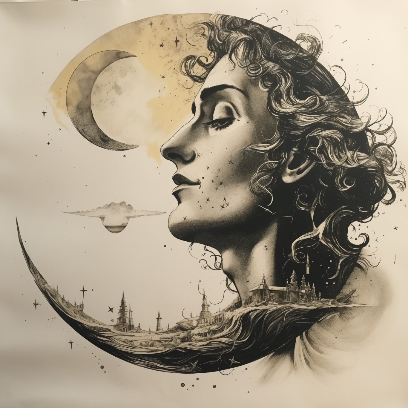 Porträt einer Frau mit kurvenreichem Haar vor einem stilisierten Mond und Städten.