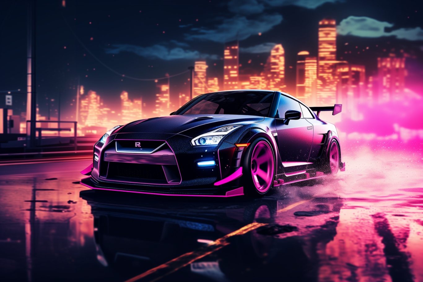 Ein schwarzer Sportwagen mit neonfarbenen Lichtern vor einer Stadtkulisse bei Nacht.