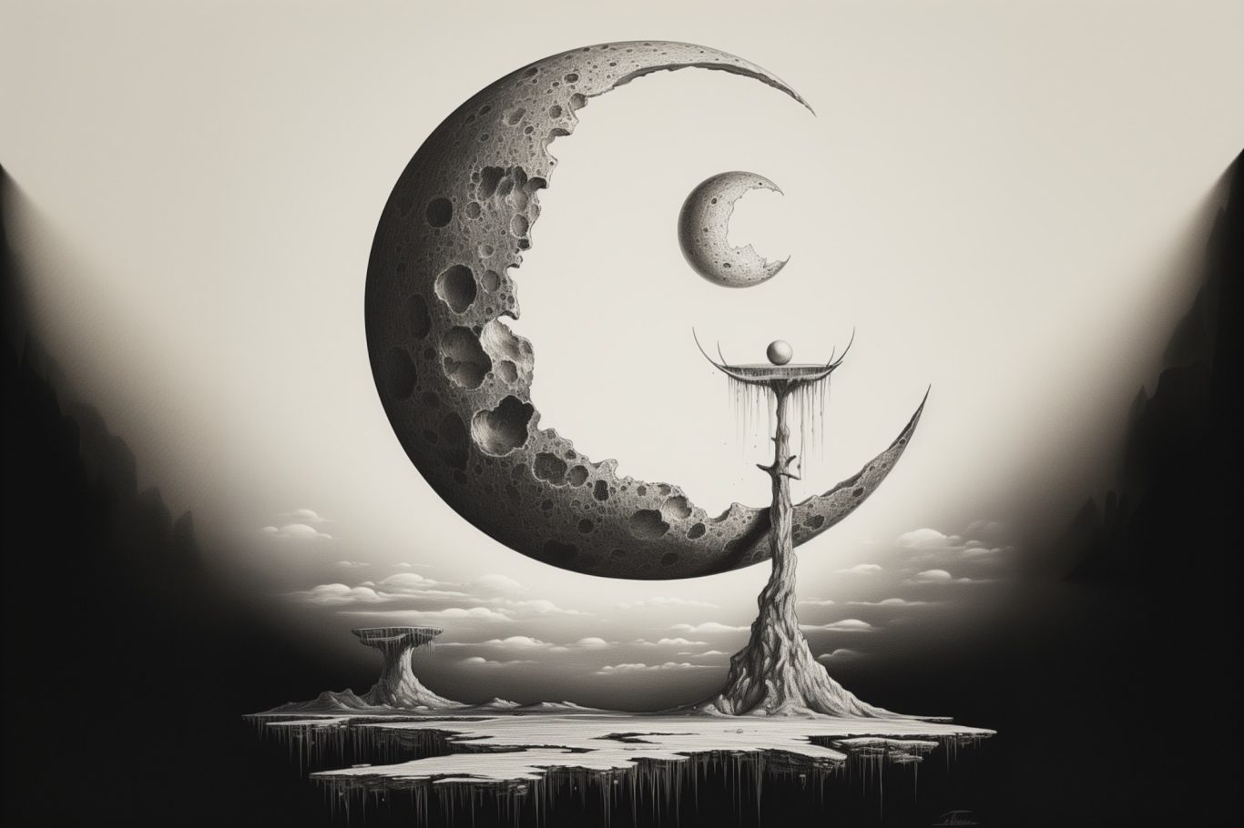 Abstrakte Szene mit Halbmond, Planet und stilisiertem Turm in einer surrealen Landschaft.