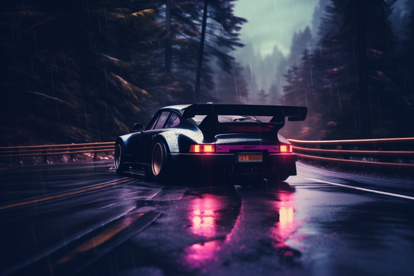 Ein sportliches Auto fährt auf einer nassen Straße durch einen bewaldeten Bereich bei Dämmerung.