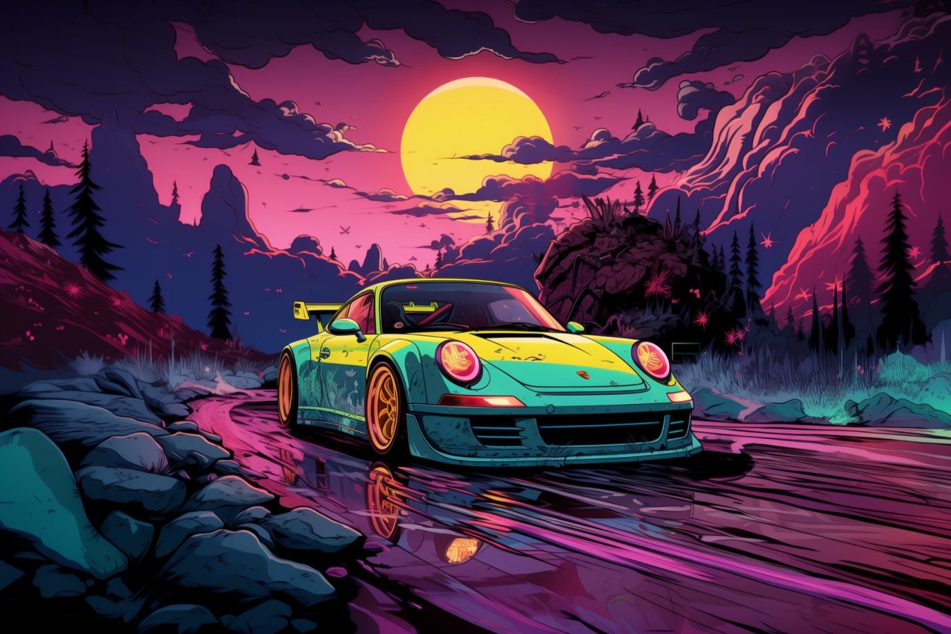 Eine futuristische Sportwagen-Szene mit einer leuchtenden Landschaft und Sonnenuntergang.