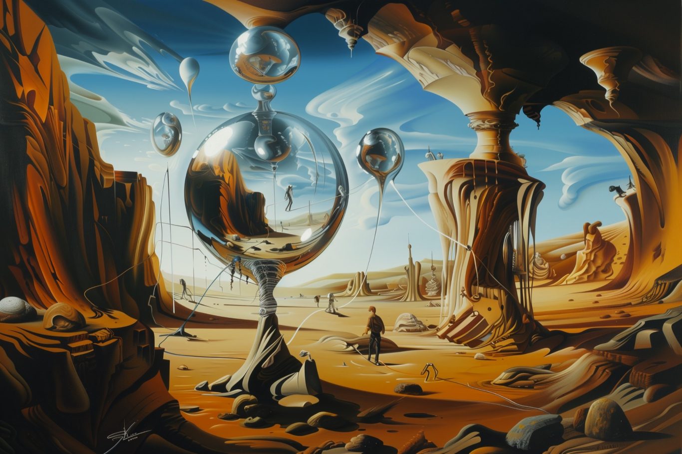 Surreale Landschaft mit schwebenden Kugeln und verwitterten Felsen in warmen Erdtönen.