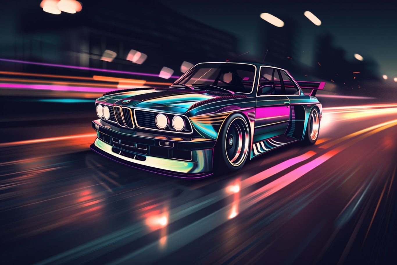 Ein futuristisches Auto in Bewegung mit bunten Lichtern auf einer nächtlichen Straße.