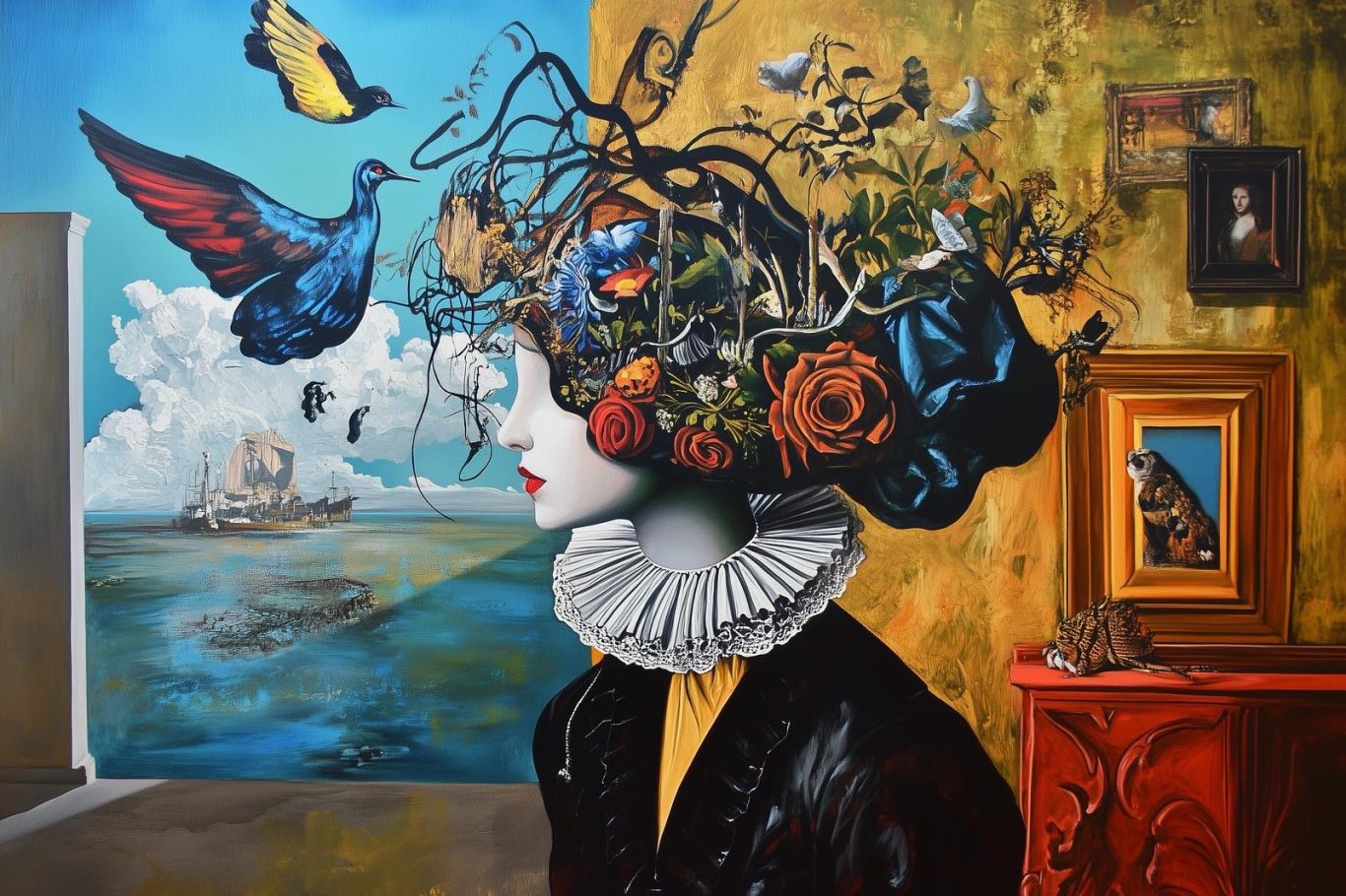 Frau mit kreativer Frisur aus Vögeln und Pflanzen, vor surrealem Hintergrund.