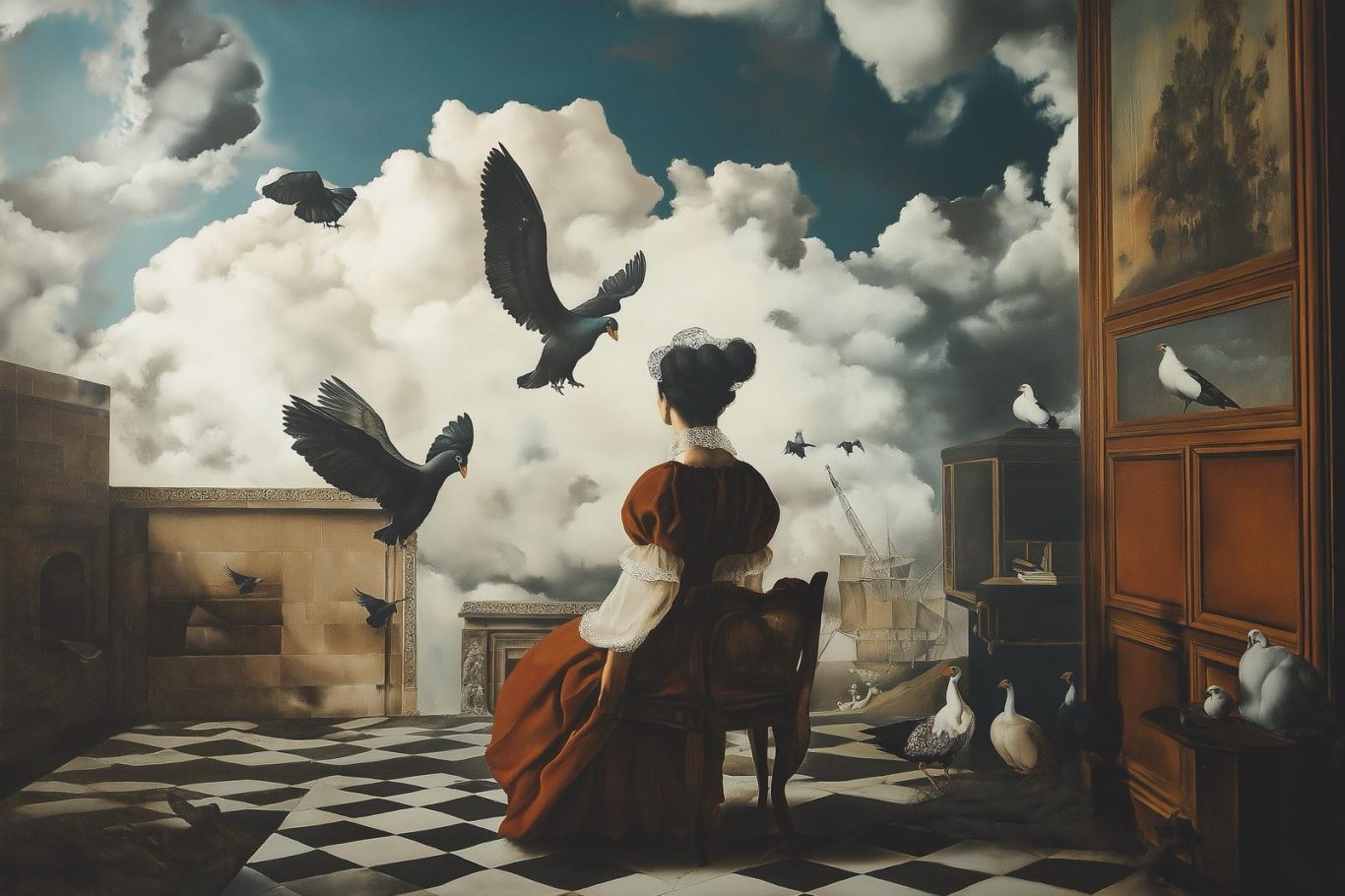 Frau in rotem Kleid sitzt vor Wolken und fliegenden Vögeln in einem Raum.