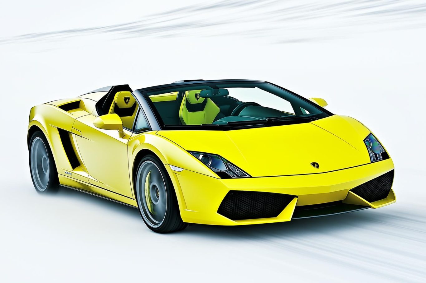 Gelber Sportwagen mit offenem Dach und einzigartigem Design auf weißem Hintergrund.