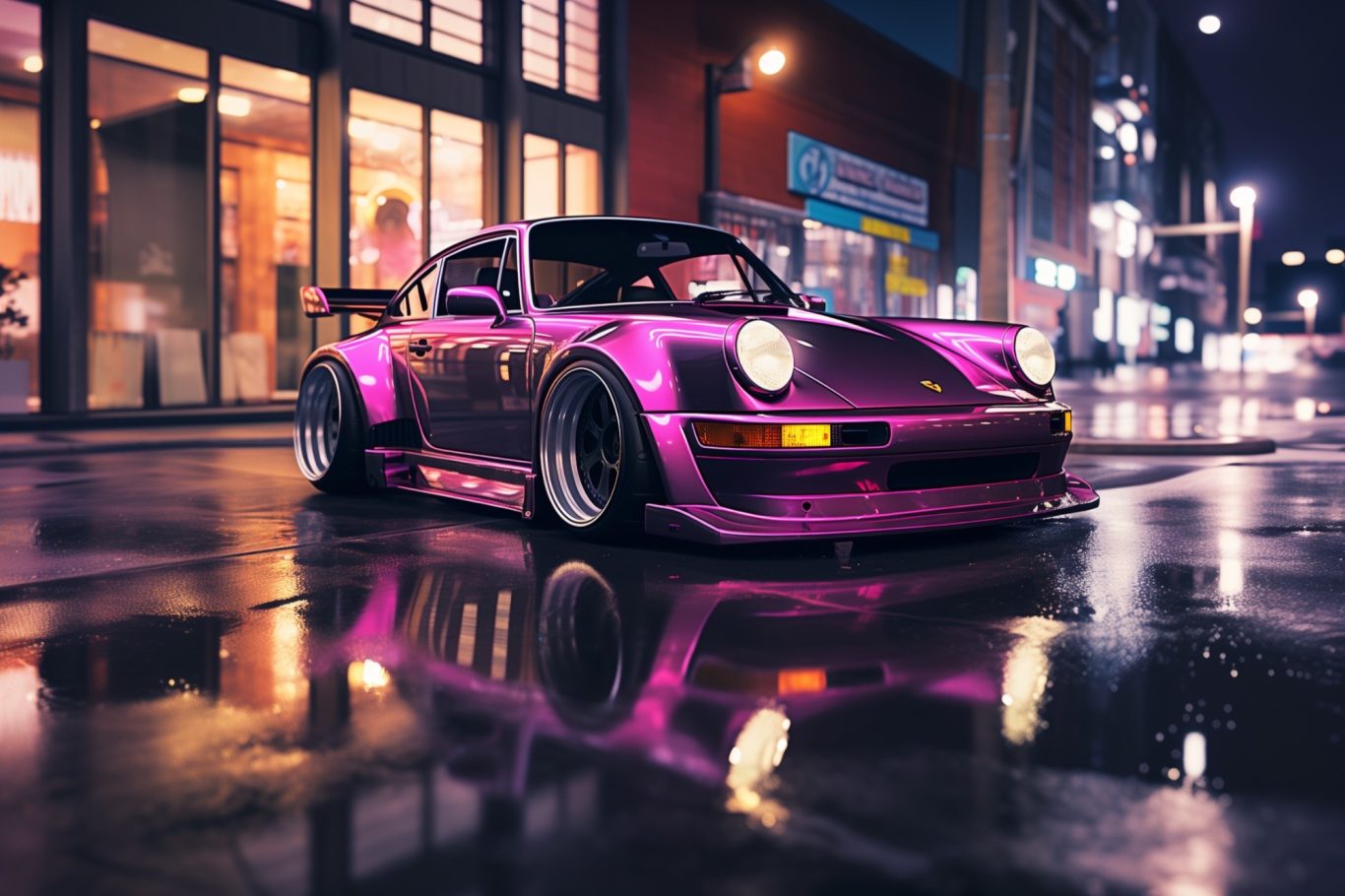 Ein futuristisches, pinkfarbenes Auto steht auf regennasser Straße bei Nacht.