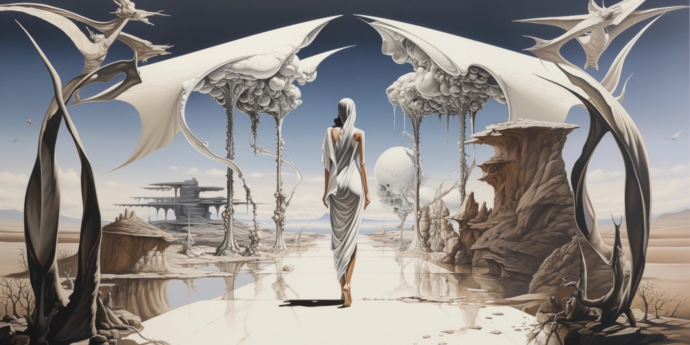 Futuristische Landschaft mit einer geführten Figur zwischen skulpturalen Elementen.