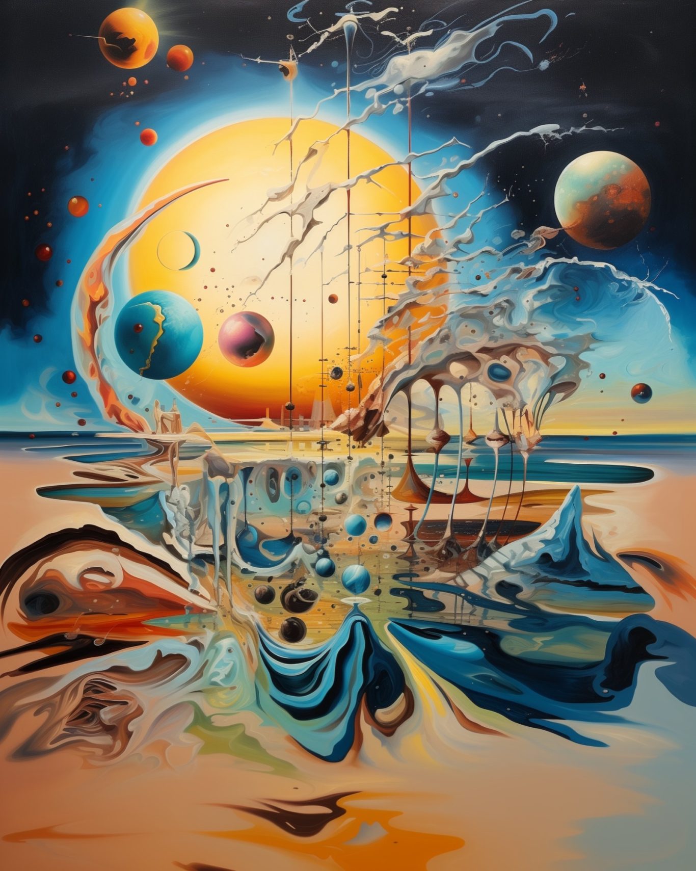 Futuristische Landschaft mit Planeten, Sonne und surrealen Formen in lebendigen Farben.