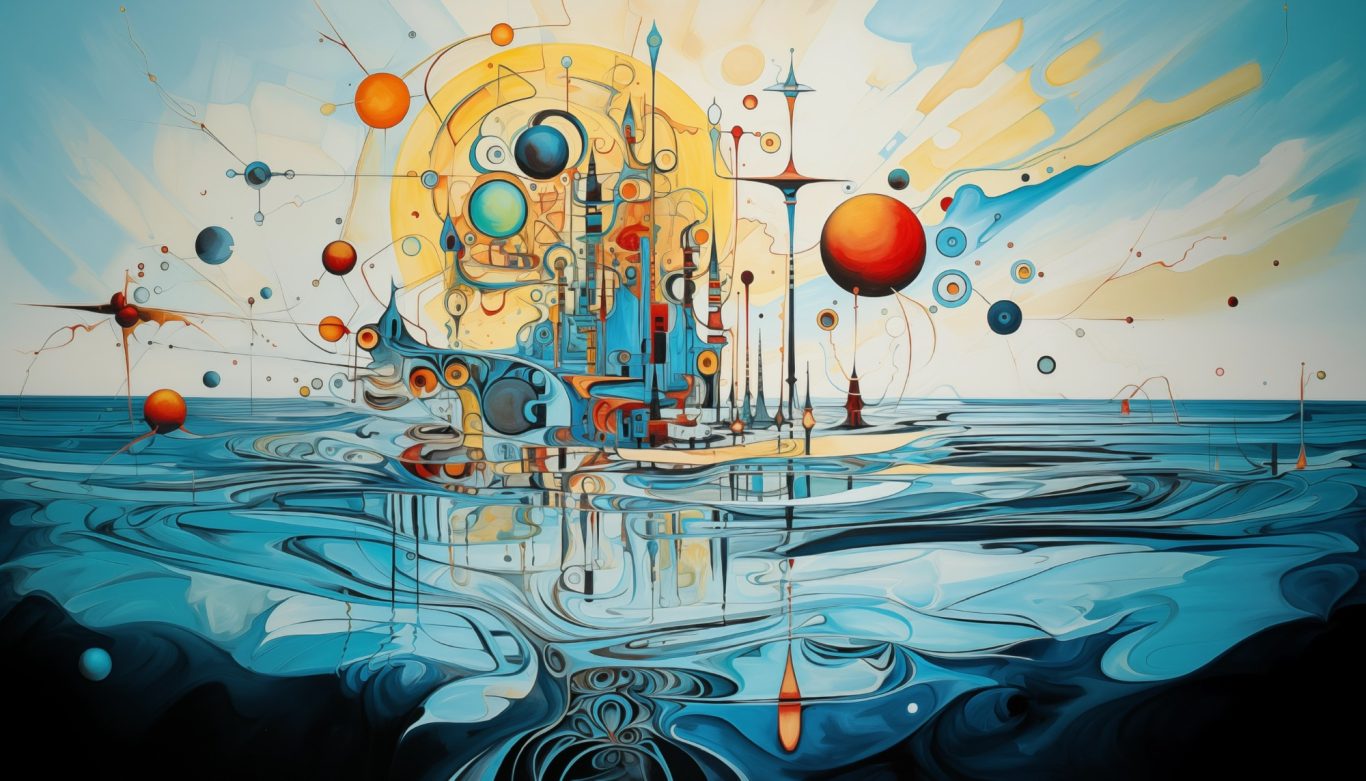 Abstrakte Landschaft mit bunten Planeten und Struktur in Blau- und Gelbtönen.